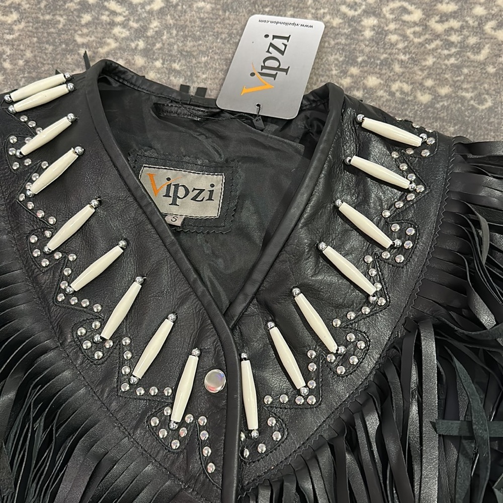 VIPZI REAL LEATHER FRINGE JACKET WITH EMBEZZLEMENTS NWT SIZE S - Picture 4 of 13